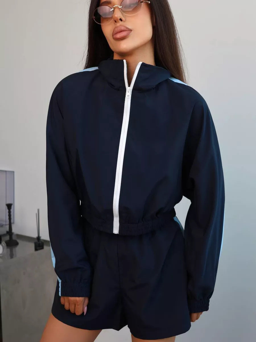 Fashionable Women's Long Sleeve Zipper Hoodie and Shorts Set, Casual Two-Piece Activewear Outfit