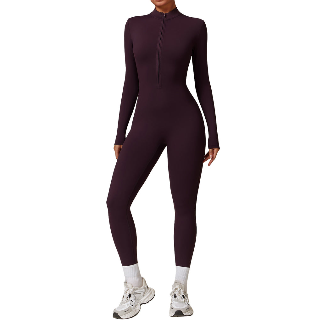 Zip-Up Velvet Fitness Jumpsuit | Warm Fitted Activewear for Women
